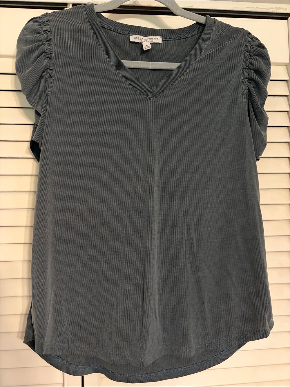 Green Envelope Slate Blue V-Neck Puff Sleeve Tee
